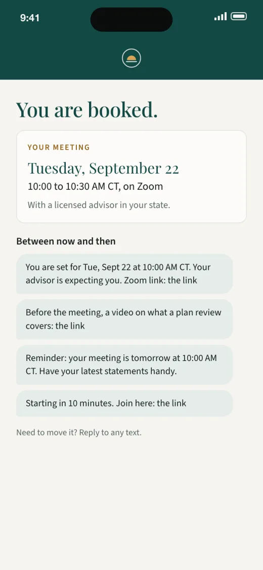 The booking confirmation that says the advisor is expecting them