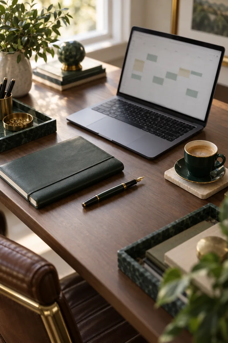 An advisor desk with the week of meetings on the laptop calendar
