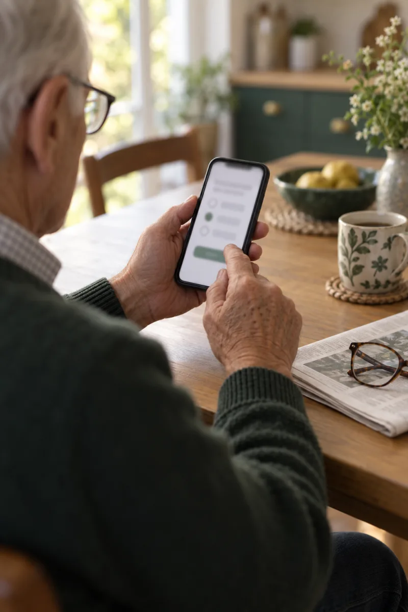 A retiree answering the short quiz on a phone at the kitchen table